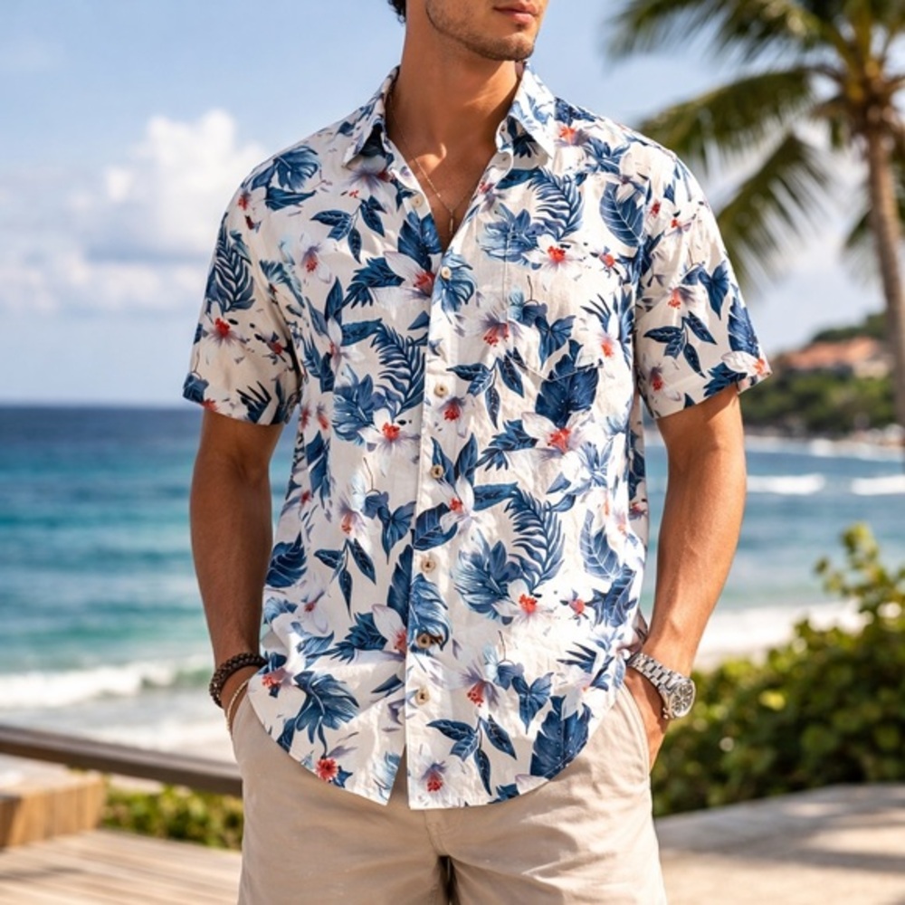 Seaspr​ice Resort Wear Men’s Blue White Floral Button Down Shirt XL Vacation